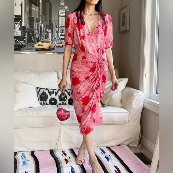 Lonyuas Pink Floral High-Low Wrap Dress With Gathered Tie